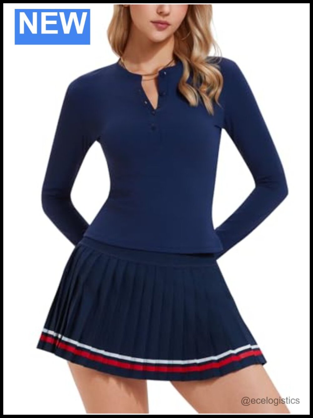 Women's Tennis Skirt Set Long Sleeve Henley & Pleated Skort Pickleball Outfit